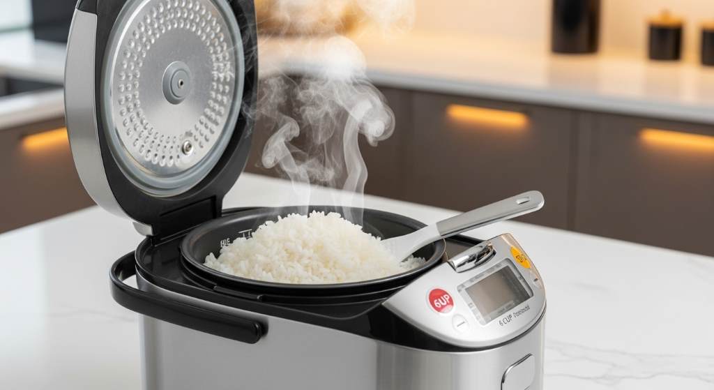 Close-up of a steaming 6-cup rice cooker on a modern kitchen counter, showing fluffy white rice ready to serve.