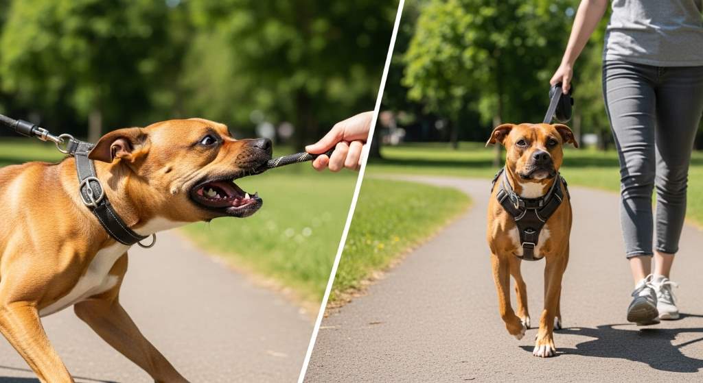 Side-by-side comparison of dog pulling on collar versus calm walk with no-pull front-attachment harness