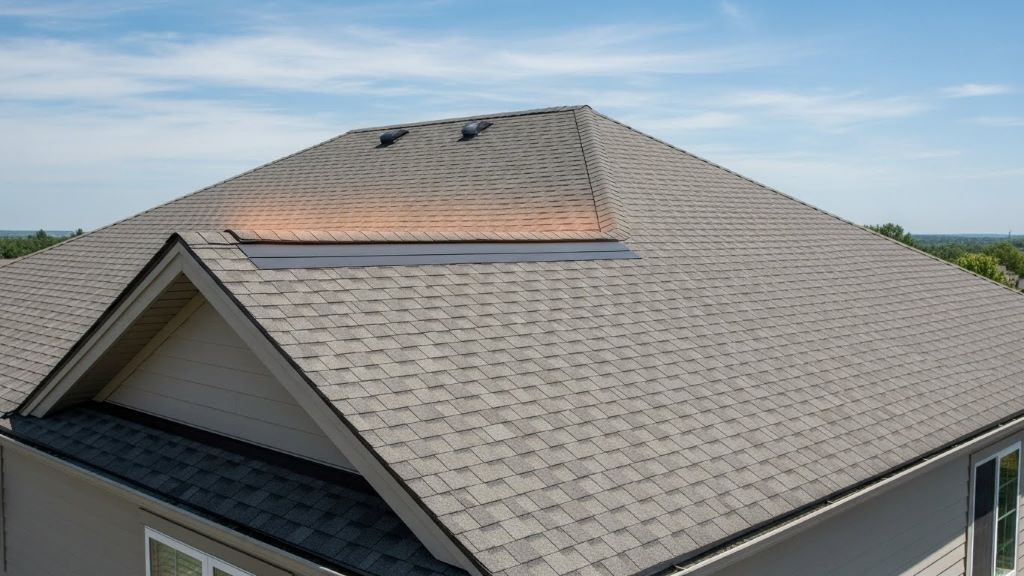 Ridge vent system running along roof peak of residential box gable roof for continuous air exhaust