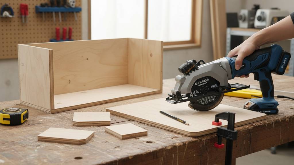 DIY shelf project parts cut from plywood using mini woodworking tools