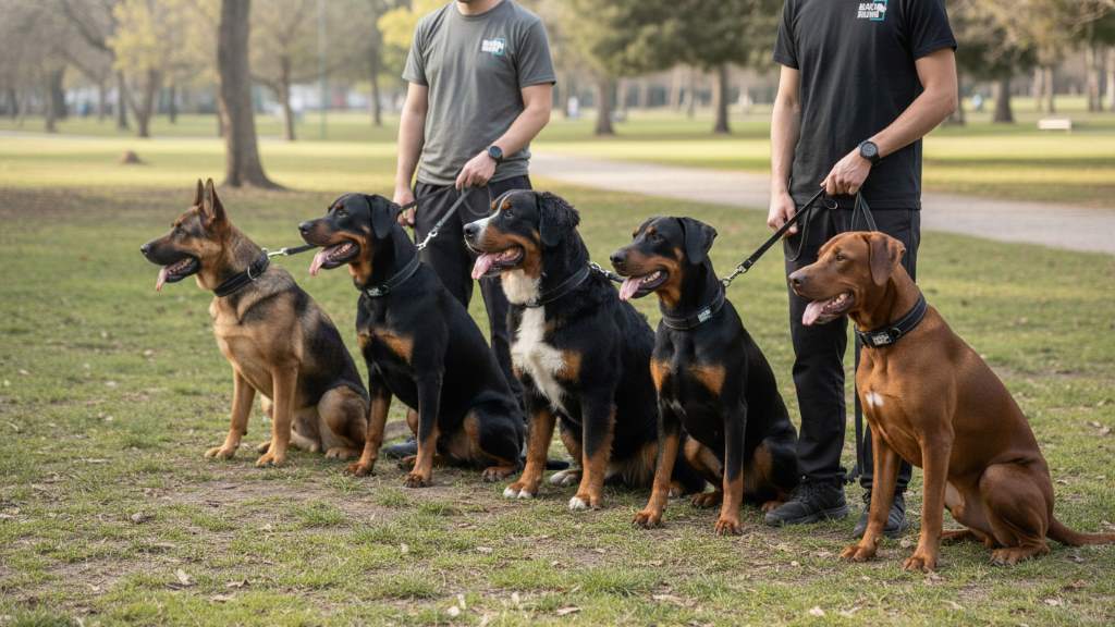Group of large dogs in training session using martingale collars for better control