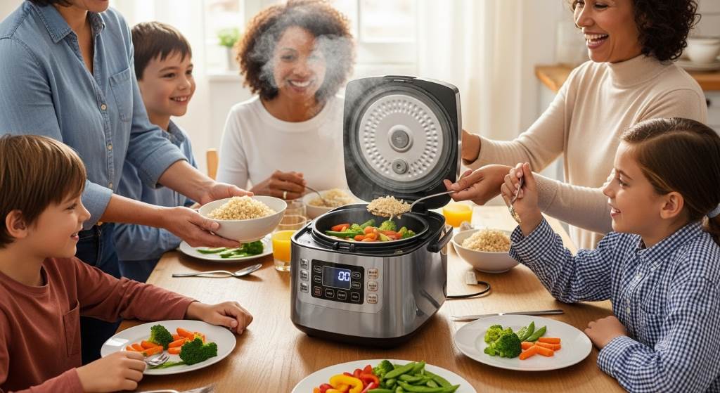Family enjoying perfectly cooked brown rice and steamed vegetables straight from an electric rice cooker