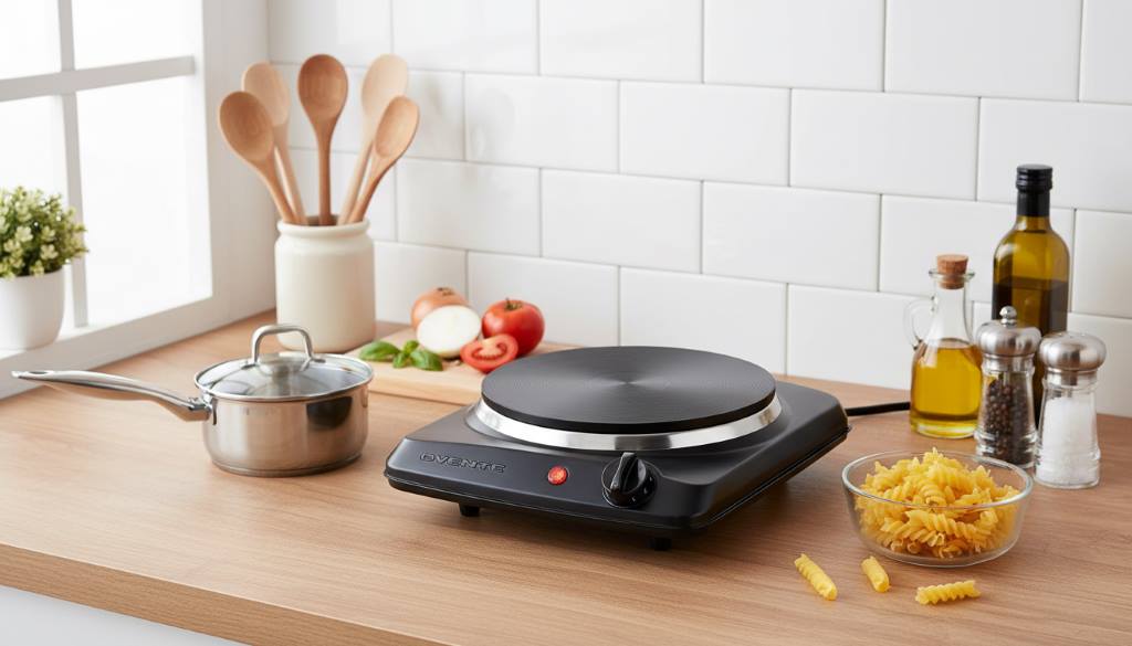 Organized small countertop setup showing single burner hot plate surrounded by essential beginner cooking tools and ingredients