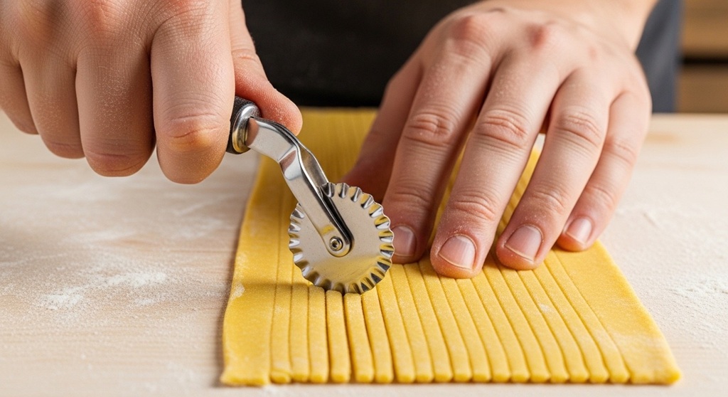 Clean straight pasta dough strips on floured surface