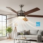 Energy efficient ceiling fan with DC motor installed in modern living room