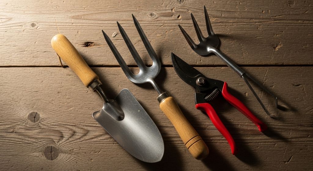 A flat lay of essential small gardening tools including a trowel, hand fork, pruning shears, and cultivator on a wooden surface