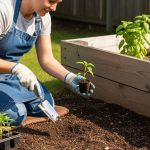 A beginner gardener kneeling in a raised garden bed using a hand trowel to plant seedlings in rich brown soil