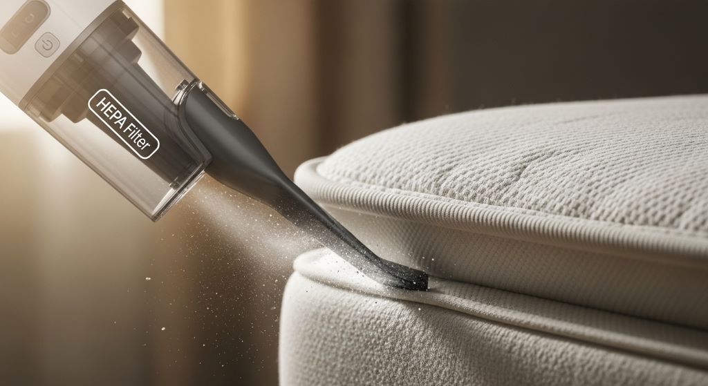 Close-up of a portable vacuum with HEPA filter being used on the seam of a mattress to remove dust and allergens