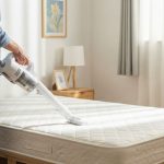 A person using a white handheld vacuum to clean a bare mattress in a bright, tidy bedroom