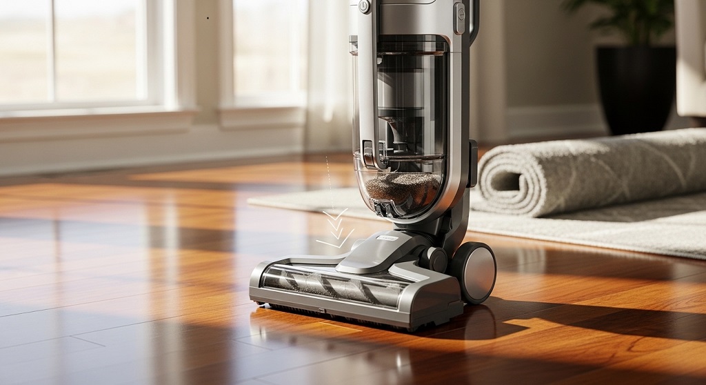 soft roller upright vacuum head on wooden flooring surface
