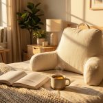 Premium memory foam reading pillow on a cozy bed with an open book for a long reading session.