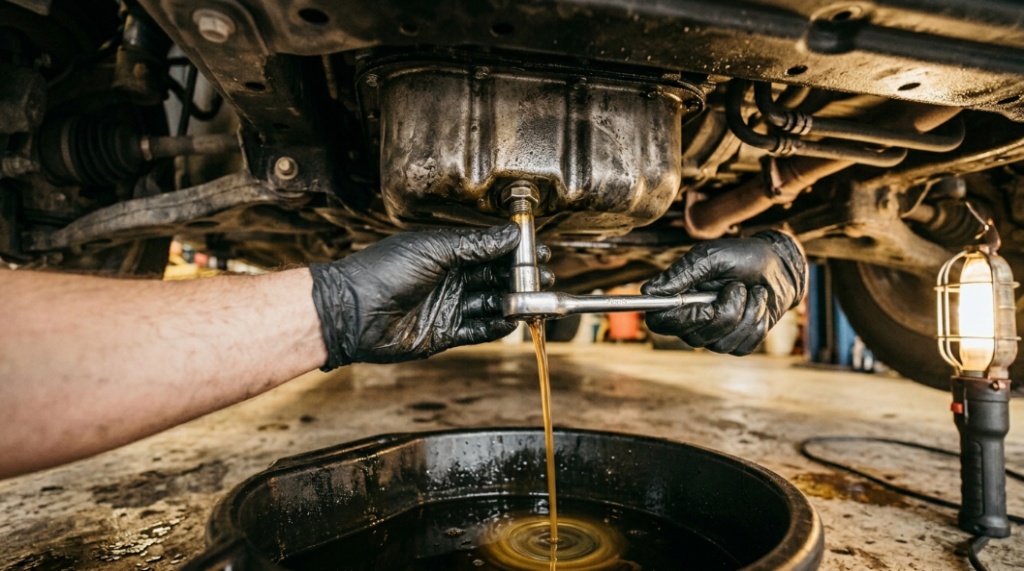 pouring fresh engine oil using funnel at home