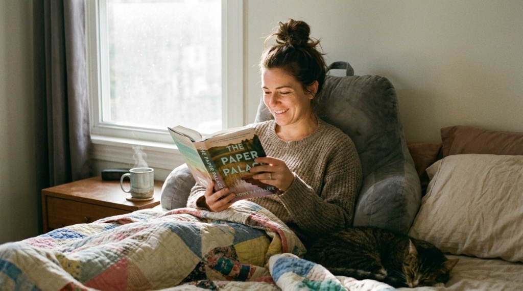 Woman sitting comfortably in bed using a memory foam reading pillow for back support.