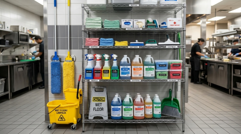 Organized shelf of restaurant hygiene tools including mops, sanitizers, and cleaning equipment
