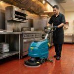 A restaurant kitchen worker using a floor cleaning machine on a commercial tile floor