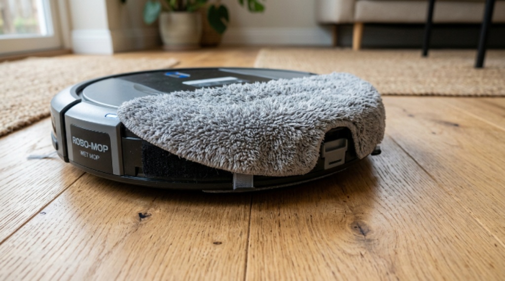 Close-up of a soft microfiber mop pad on a robotic cleaning device resting on a wooden floor
