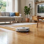 A robotic mop gliding smoothly across a clean, shiny hardwood floor in a modern living room