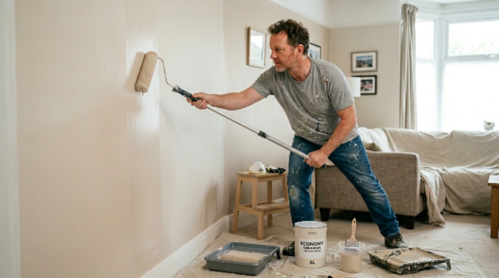 A man using a paint roller on a living room wall, demonstrating how budget painting supplies can achieve a smooth, professional finish