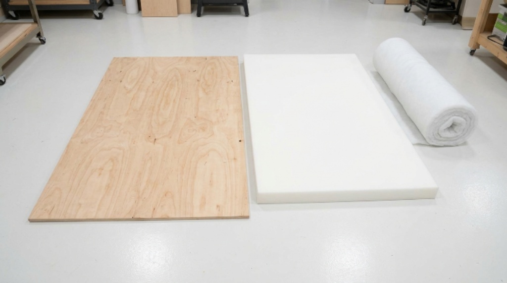 Step-by-step DIY headboard with foam and floral fabric being stapled on a flat crafting surface