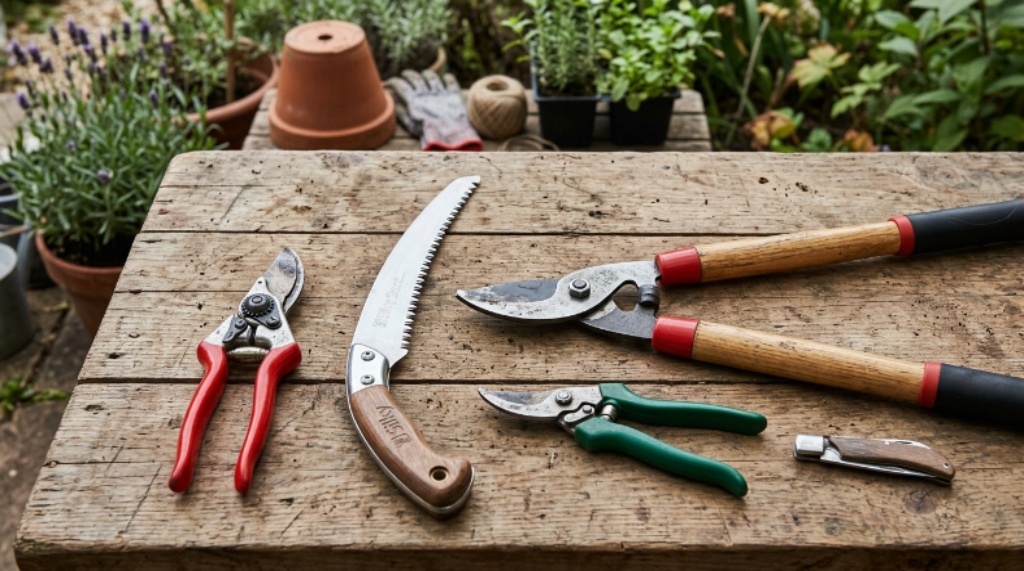 Selection of garden cutting tools including hand pruners, loppers, and a pruning saw laid out on a wooden surface