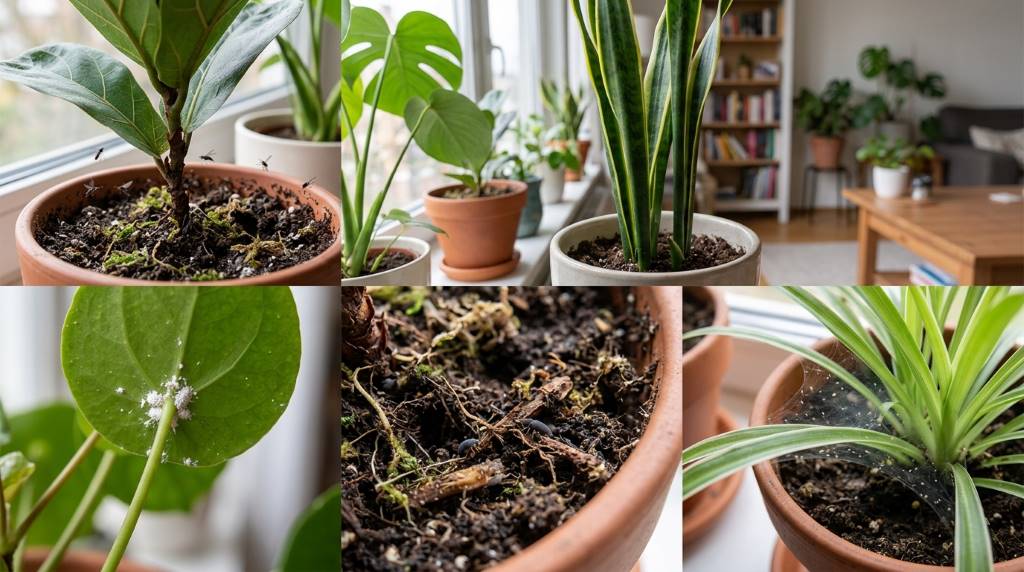 Indoor plant care routine preventing bugs in houseplant containers during Chicago winter