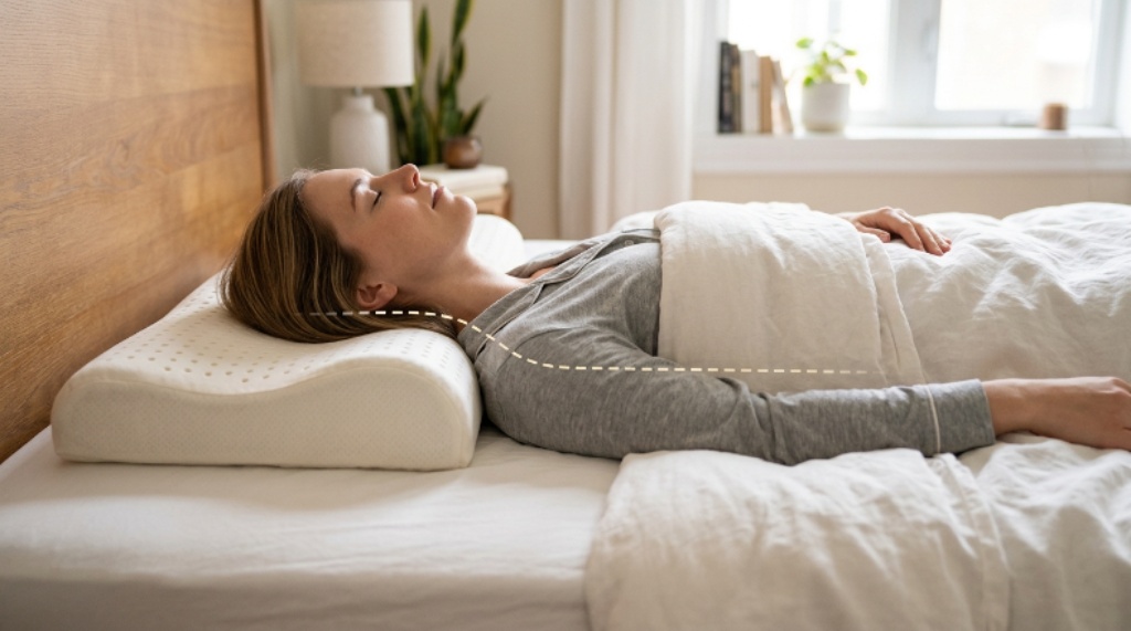 Person sleeping comfortably on a latex pillow showing proper neck and spinal alignment