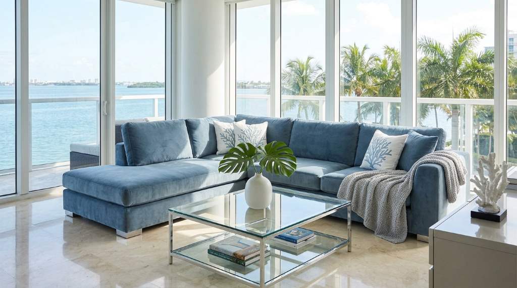 Modern dusty blue bedroom styling ideas for stylish Miami apartment interiors