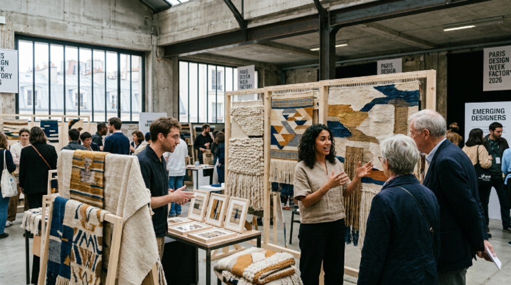 Emerging designers present handwoven textile collections at the Paris Design Week Factory 2026 exhibition in the Marais district of Paris