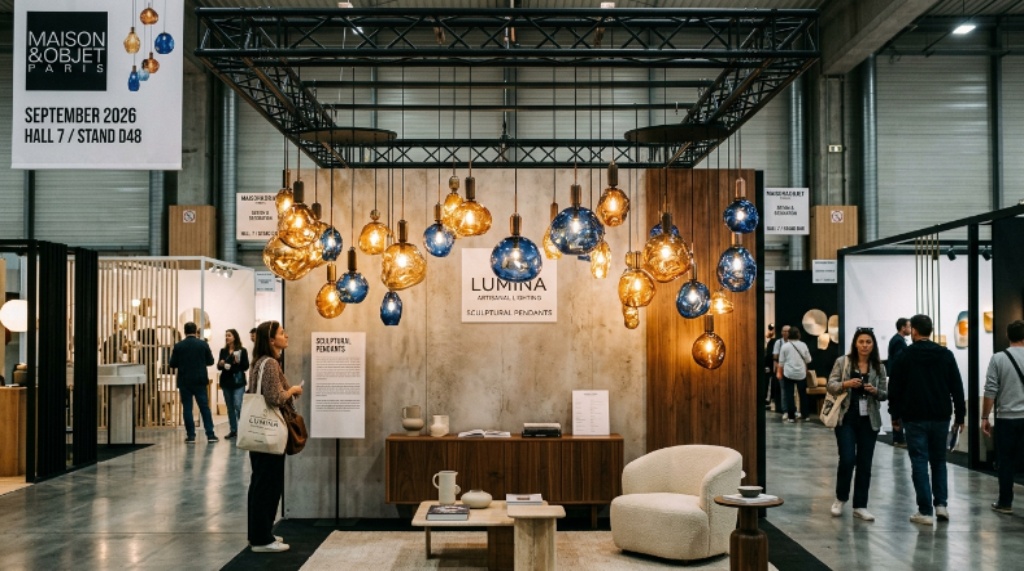 Sculptural pendant lighting fixtures in rich amber and deep blue tones hanging above a curated exhibition space at Maison&Objet Paris, September 2026