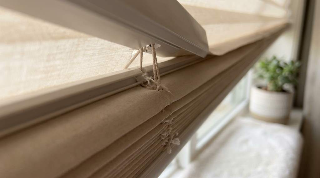Homeowner inspecting jammed window shades in Phoenix house