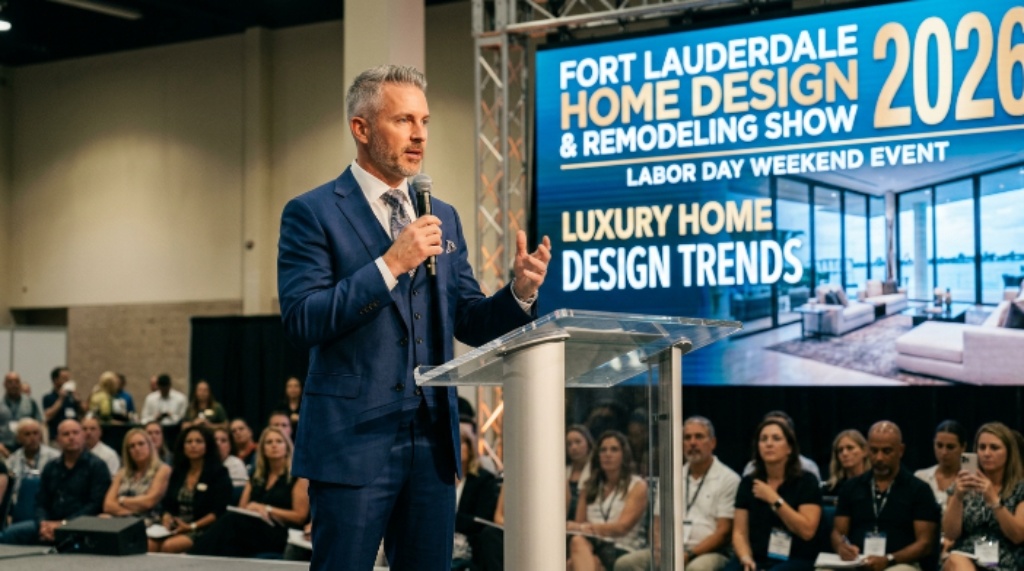 A celebrity guest speaking on stage about luxury home design trends at the Fort Lauderdale Home Design and Remodeling Show 2026 Labor Day weekend event