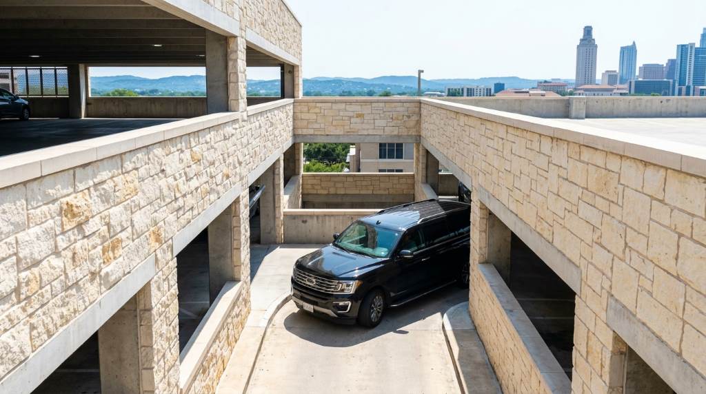 Homeowner measuring garage headroom before parking a large SUV