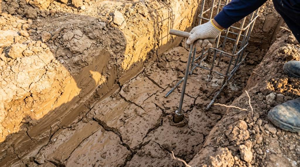 Professional inspecting house foundation cracks