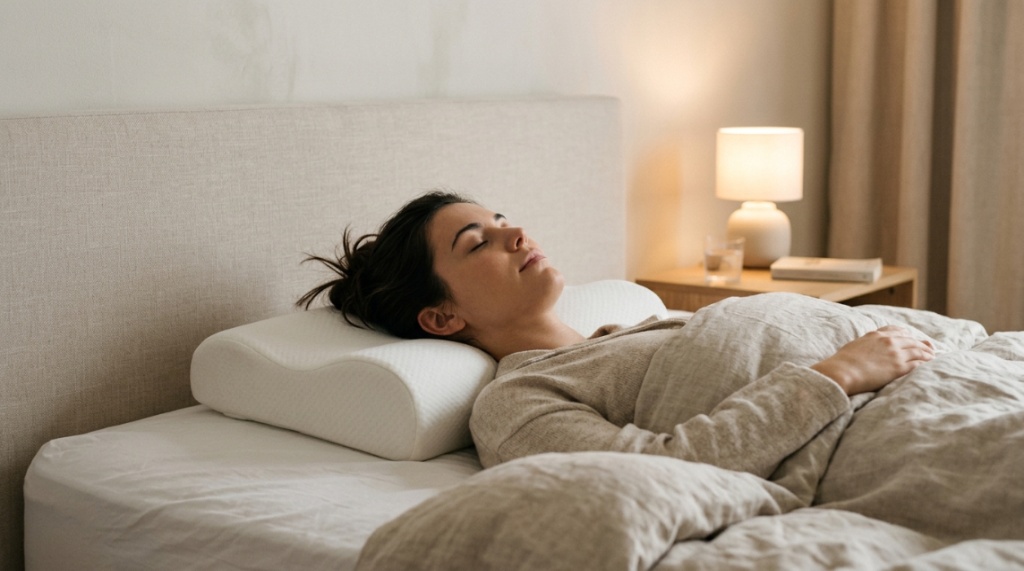 Person reading in bed using a pillow for neck alignment.