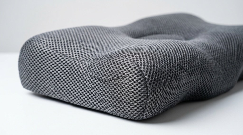 Person sitting up in bed leaning against a contoured support pillow.