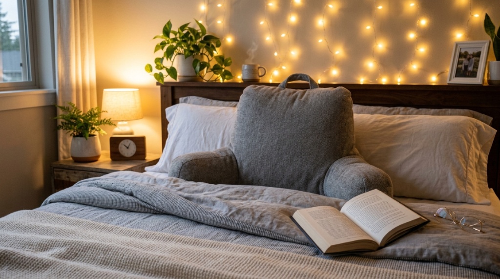 Person reading a book comfortably in bed with a support pillow.