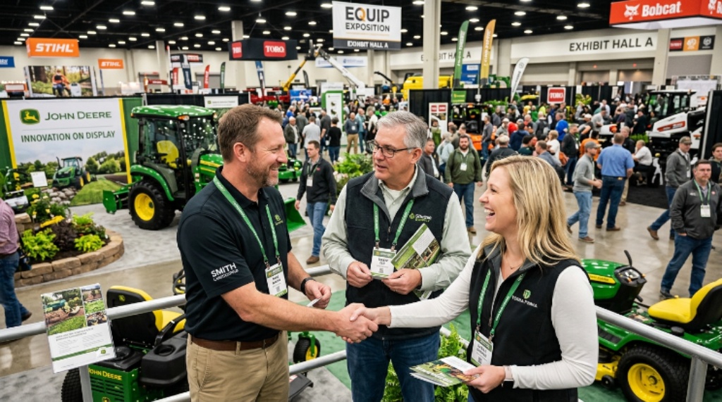 Landscape professionals networking at Equip Exposition trade show exhibit floor