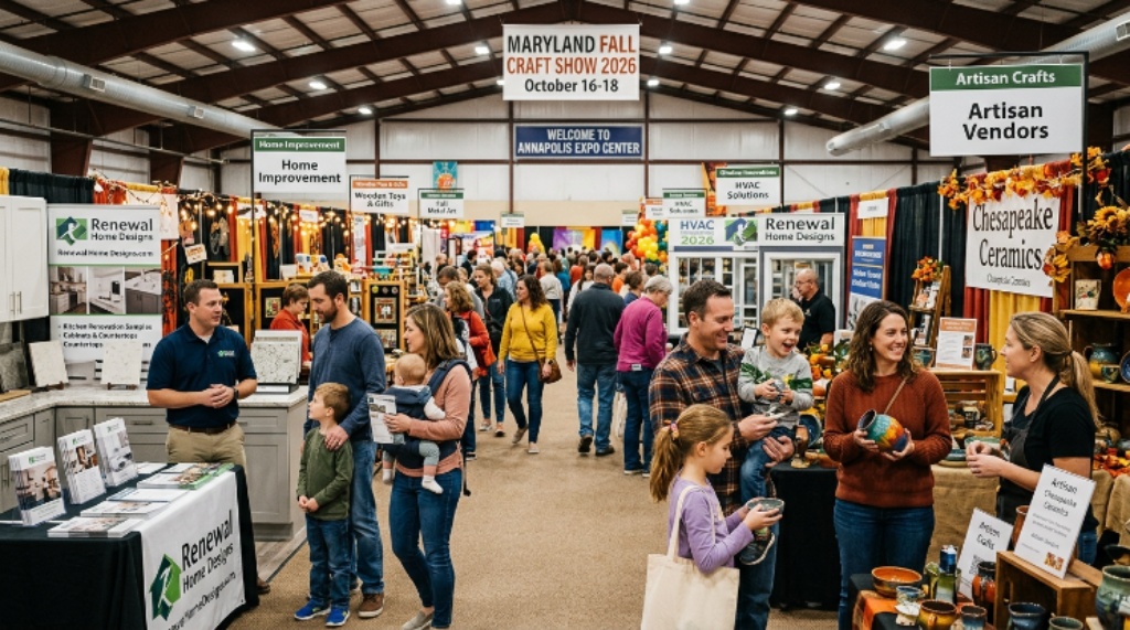 Families exploring home improvement and artisan vendor exhibits at the Maryland Fall Craft Show 2026