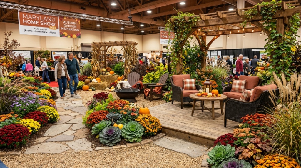 Colorful autumn garden display with seasonal plants and outdoor furniture at a Maryland home show