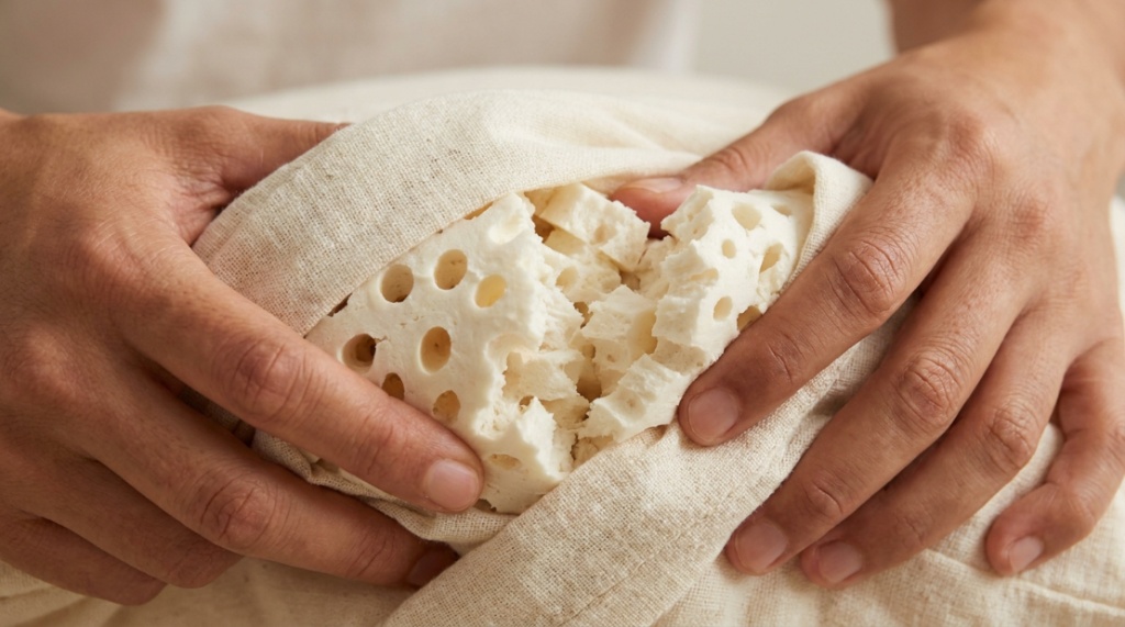 Hands fluffing a breathable shredded latex pillow on a surface.