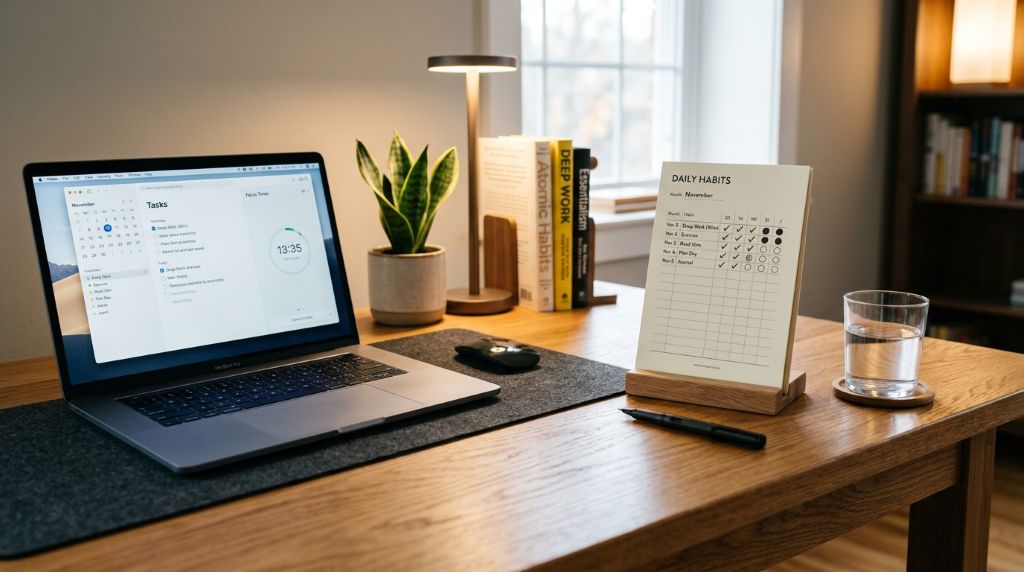 Professional developing productive work habits with focused tasks, organized planning, and effective time management