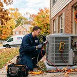 Homeowner sliding a new air filter into a residential HVAC furnace.