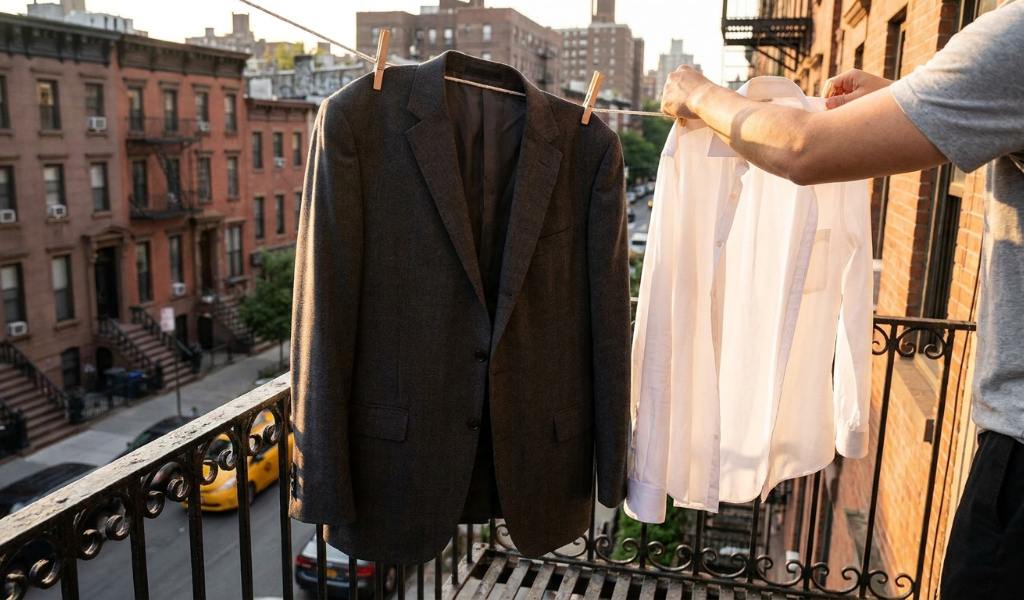 hanging clean professional clothing in wardrobe