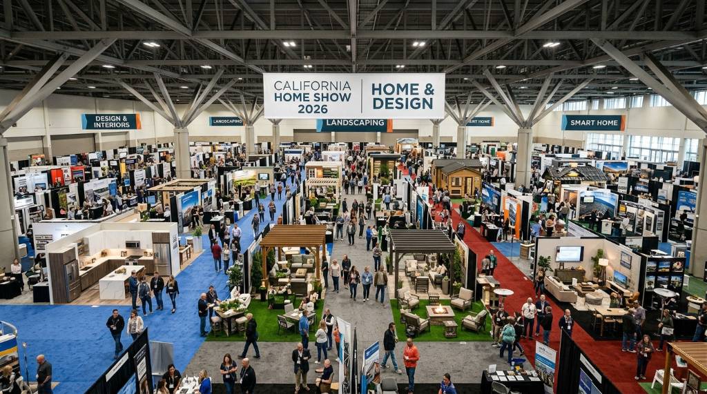 Aerial view of the California Home Show 2026 show floor filled with home design exhibitors