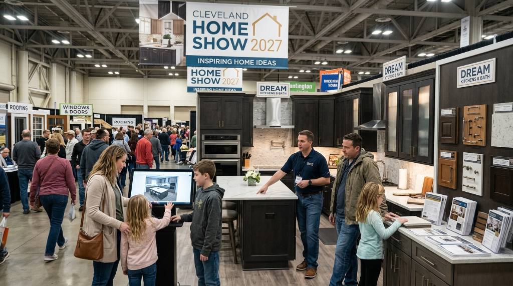 A family browsing kitchen remodeling vendor booths at the Cleveland Home Show 2027