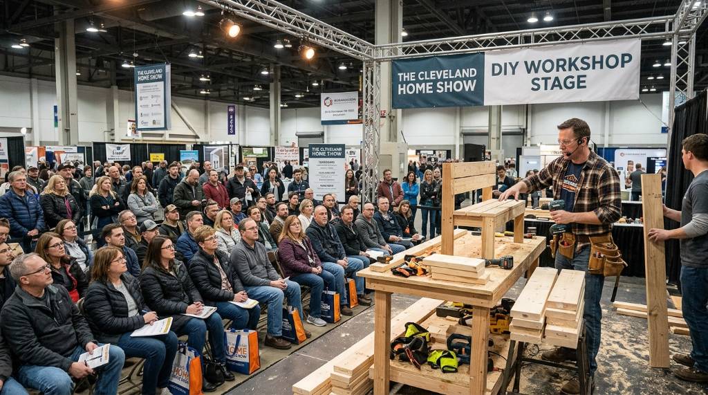Live DIY workshop demonstration at the Cleveland Home Show with attendees watching a contractor at work