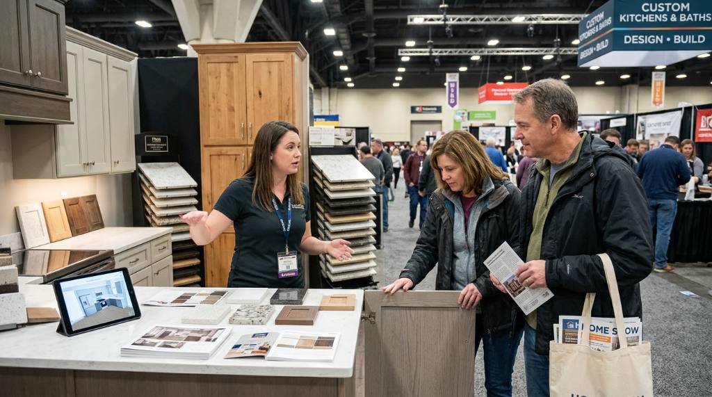 Homeowner talking with a kitchen designer about cabinet and countertop options at a home show