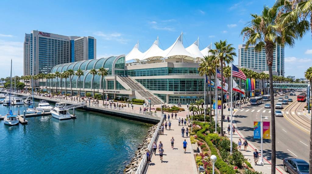 Waterfront view of the San Diego Convention Center entrance on West Harbor Drive