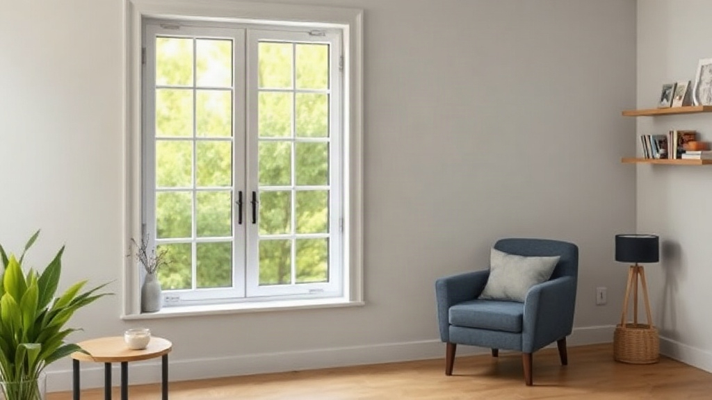 A bright room with a large white window, a blue armchair and wooden shelves.